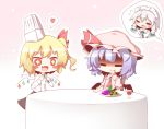  3girls :d =_= alternate_costume ascot bat_wings blonde_hair blush_stickers bow chef_hat chibi commentary_request dress fang flandre_scarlet flying_sweatdrops food gaius_(nikoniko2) hat hat_bow heart izayoi_sakuya long_hair maid_headdress mob_cap multiple_girls open_mouth pink_dress purple_hair red_bow remilia_scarlet short_hair short_sleeves skirt smile sparkling_eyes spoken_heart touhou wings 