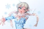  1girl ;d anastasia_(idolmaster) blue_gloves detached_sleeves gloves hair_ornament idolmaster idolmaster_cinderella_girls jewelry looking_at_viewer necklace one_eye_closed open_mouth ring scarf short_hair silver_hair single_glove smile snowflakes solo tsurusaki_yuu upper_body 