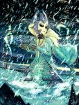  1girl boat clouds fins giantess league_of_legends lighthouse lightning_bolt mermaid monster_girl nami_(league_of_legends) ocean rain setz ship solo storm 