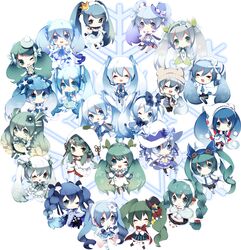  1girl blue_eyes blue_hair chibi detached_sleeves earmuffs hatsune_miku headphones headset highres long_hair multiple_persona open_mouth shouen_kigashi skirt smile snowflakes twintails very_long_hair vocaloid winter_clothes yuki_miku 