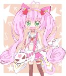  1girl :d ahoge animal_ears black_legwear blush cat_ears cat_tail cleavage_cutout crop_top fang frilled_skirt frills green_eyes guitar hair_ornament hairband heart_hair_ornament highres instrument long_hair looking_at_viewer midriff musical_note navel open_mouth pink_hair rosia_(show_by_rock!!) sailor_collar show_by_rock!! skirt smile solo star starry_background tail thigh-highs thigh_strap tsumiki_sata twintails very_long_hair 
