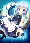  1girl apron blue_eyes blush boots bow clock hair_bow izayoi_sakuya knives_between_fingers maid_apron maid_headdress moi_(licoco) open_mouth silver_hair solo touhou twintails wrist_cuffs 