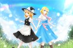 2girls alice_margatroid apron artist_request ascot blonde_hair blue_eyes blush braid capelet couple cross-laced_footwear hairband hat heart highres holding_hands kirisame_marisa long_hair multiple_girls open_mouth sash short_hair side_braid smile star touhou waist_apron witch_hat yuri 