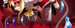  1girl ascot bent_over blonde_hair boots flandre_scarlet grey_legwear hair_over_eyes hat highres long_hair nail_polish pantyhose red_nails sinzan skirt skirt_tug solo tongue tongue_out torn_clothes torn_pantyhose touhou wings wrist_cuffs 