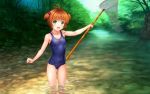  1girl :d blush brown_hair butterfly_net cardcaptor_sakura green_eyes hand_net highres kinomoto_sakura mutsuki_(moonknives) net old_school_swimsuit open_mouth partially_submerged school_swimsuit short_hair smile solo swimsuit wading water 