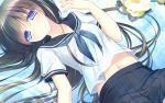  1girl black_hair blue_eyes highres long_hair motomiya_mitsuki navel original ribbon school_uniform solo wallpaper water white_flower 