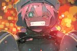  1girl ;d american_flag battlefield_4 green_eyes grin looking_at_viewer microphone namaniku_atk one_eye_closed open_mouth pink_hair smile solo teeth 