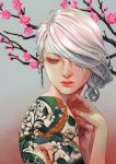  cherry_blossom female flower hand_on_chest jounetsunoakai looking_ahead looking_down medium_hair original short_hair solo tattoo white_hair 