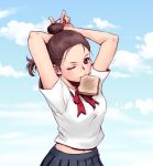  1girl adjusting_hair arms_up blue_sky brown_hair clouds food_in_mouth jasmin_darnell mouth_hold one_eye_closed original outdoors pleated_skirt skirt sky solo toast toast_in_mouth tying_hair 