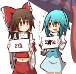  2girls bow brown_hair detached_sleeves eye_contact flying_sweatdrops hair_bow hair_tubes hakurei_reimu heterochromia juliet_sleeves karakasa_obake kumo_(atm) long_sleeves looking_at_another midriff multiple_girls navel open_mouth puffy_sleeves red_eyes ribbon-trimmed_sleeves ribbon_trim shirt sign skirt skirt_set smile tatara_kogasa touhou translation_request umbrella wide_sleeves 