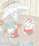  2girls :3 animal_ears cat_ears cat_tail commentary_request flying_sweatdrops grey_hair hair_ribbon hakama_skirt japanese_clothes kantai_collection kemonomimi_mode long_hair multiple_girls one_eye_closed open_mouth rainbow red_skirt ribbon sento_(artist) short_hair shoukaku_(kantai_collection) skirt tail twintails water_hose white_hair white_ribbon zuikaku_(kantai_collection) 