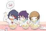  3girls blue_eyes blue_hair bowl brown_hair chopsticks drinking_glass eating egg fang food glasses gyosone hand_on_another&#039;s_chin kill_la_kill mankanshoku_mako matoi_ryuuko multiple_girls noodles oogure_maiko purple_hair raised_hand ramen red_eyes salt_shaker school_uniform short_hair spoken_object 