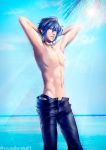  1girl armpits arms_behind_head artist_name azumaharuka01 blue_eyes blue_hair blue_sky horizon jewelry kaito looking_at_viewer muscle navel necklace nipples ocean open_pants palm_tree sky solo sparkle sunlight swim_trunks swimsuit swimsuit_under_clothes topless tree vocaloid 