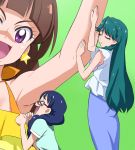  3girls :d amanogawa_kirara bare_shoulders blue_hair braid brown_hair closed_eyes earrings glasses go!_princess_precure green_background haruyama_kazunori jewelry kaidou_minami long_hair multiple_girls nanase_yui open_mouth precure simple_background single_braid smile star star_earrings violet_eyes 