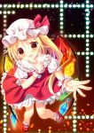  1girl blonde_hair bow fang flandre_scarlet hat hat_bow mob_cap moi_(licoco) open_mouth pointing red_eyes side_ponytail solo touhou wings wrist_cuffs 