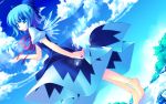  1girl barefoot blue_eyes blue_hair cirno highres motomiya_mitsuki sky solo touhou wallpaper wings 