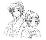  2boys blush character_request haori high_ponytail japanese_clothes long_hair male_focus mole mole_under_eye monochrome multiple_boys scarf sketch tomo_(sjim) touken_ranbu upper_body white_background yamato-no-kami_yasusada 