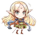  1girl armor blonde_hair blue_eyes blush_stickers chibi circlet deedlit elf endou_okito flying_sweatdrops long_hair pauldrons pointy_ears record_of_lodoss_war simple_background solo sword weapon white_background 