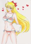  aino_minako bikini bishoujo_senshi_sailor_moon blonde_hair blue_eyes breasts earrings hair_ribbon heart jewelry large_breasts long_hair marker_(medium) one_eye_closed panties pillow rascal_(n119) ribbon side-tie_panties swimsuit traditional_media underwear very_long_hair 