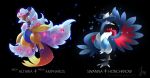  altaria ampharos animal bird black_background cat-meff character_fusion character_name dark_background duo full_body glowing honchkrow mega_form_(pok&eacute;mon) no_people png_conversion pokemon pokemon_species simple_background sparkle swanna text 