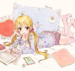  blonde blush brown_eyes fairy_tail happy heart long_hair lucy_heartfilia pajamas phone pillow plue rusky thigh-highs twintails 