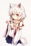  1girl amoranorem animal_ears collarbone detached_sleeves hat inubashiri_momiji parted_lips paw_pose pom_pom_(clothes) red_eyes ribbon-trimmed_sleeves ribbon_trim short_hair silver_hair simple_background solo tail tokin_hat touhou upper_body white_background wolf_ears wolf_tail 