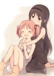  ^_^ akemi_homura barefoot black_hair blue_eyes blush closed_eyes couple dress feet hairband happy high_resolution kaname_madoka kyuri long_hair mahou_shoujo_madoka_magica pink_hair ribbon short_hair twintails 