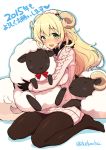  &gt;_&lt; 1girl 2015 alternate_costume atago_(kantai_collection) black_gloves black_legwear blonde_hair blush breasts gloves green_eyes hairband heart horns kantai_collection kekocha large_breasts long_hair looking_at_viewer new_year open_mouth pantyhose ribbed_sweater sheep sheep_horns simple_background smile solo sweater translated twitter_username white_background 