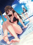  3girls ball barefoot beachball bikini black_hair blue_eyes dolphin dutch_angle honda_mio idolmaster idolmaster_cinderella_girls inflatable_toy multiple_girls popsicle sasakawa_arumi shibuya_rin shimamura_uzuki sitting swimsuit 