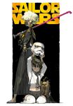  black_background blonde_hair chewbacca darth_vader dog energy_sword face_mask fingerless_gloves gloves headwear_removed helmet helmet_removed letme lightsaber long_hair mask original pipe sandals star_wars stormtrooper sukeban sword thigh-highs title_parody weapon 