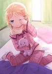  ahoge barefoot bed black_bullet blonde blue_eyes blush feet hair_ornament hairpin high_resolution one_eye_closed pajamas pillow short_hair sleepy stuffed_animal stuffed_toy taka_(pixiv_10657978) tina_sprout wink 