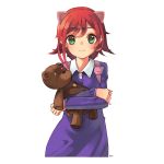  1girl animal_ears annie_hastur backpack bag blush crossed_arms fake_animal_ears green_eyes league_of_legends looking_at_viewer nellen redhead short_hair simple_background smile stuffed_animal stuffed_toy teddy_bear tibbers white_background 