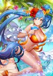  1girl bikini blue_hair bracelet breasts cleavage collarbone cowboy_shot flower hair_flower hair_ornament jewelry large_breasts long_hair looking_at_viewer looking_to_the_side luthica_preventer orange_bikini palm_tree parted_lips red_eyes ribbon side-tie_bikini sindy solo splashing sunlight swimsuit sword_girls tree twintails very_long_hair water 