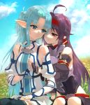  2girls asuna_(sao) asuna_(sao-alo) blue_eyes blue_hair fingerless_gloves gloves hairband holding_hands long_hair multiple_girls pointy_ears purple_hair red_eyes sword_art_online yang-do yuuki_(sao) 