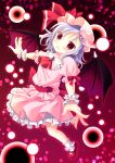  1girl bat_wings bow brooch danmaku fang hat hat_bow jewelry lavender_hair mob_cap moi_(licoco) open_mouth red_eyes remilia_scarlet solo touhou wings wrist_cuffs 