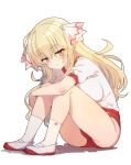  1girl bangs blonde_hair blush breasts gym_shorts gym_uniform hugging_own_legs large_breasts long_hair looking_at_viewer open_mouth red_eyes shoes shorts simple_background sitting socks solo stroma white_background white_legwear 