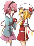  2girls ascot blonde_hair flandre_scarlet hairband hand_on_another&#039;s_chin komeiji_satori kumo_(atm) long_sleeves mob_cap multiple_girls pink_hair puffy_short_sleeves puffy_sleeves red_eyes shirt short_sleeves skirt thigh-highs third_eye touhou white_legwear wide_sleeves wings zettai_ryouiki 