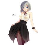  1girl :o bare_shoulders blue_eyes blush breasts brown_legwear dated hair_ornament hair_over_one_eye hairclip hamakaze_(kantai_collection) highres kantai_collection large_breasts long_skirt pantyhose short_hair signature silver_hair simple_background skirt sleeveless solo tbd11 virgin_killer_outfit white_background wrist_cuffs 