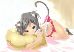  1girl animal_ears black_hair blue_eyes bra-cky cat_ears cat_tail hentai_ouji_to_warawanai_neko. lying on_side pillow pillow_hug shirt_lift short_hair tail tsutsukakushi_tsukiko 