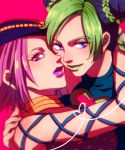  blue_eyes blue_hair blurry braid double_bun fishnets genderswap green_hair green_lipstick hat highres hug jojo_no_kimyou_na_bouken kuujou_jolyne lipstick makeup multicolored_hair narciso_anasui pink_eyes pink_hair pink_lipstick rin2010 short_hair two-tone_hair 