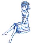  1girl bare_legs bare_shoulders barefoot between_legs breasts cleavage colored_pencil_(medium) flower frilled_negligee frills full_body gata2013 hair_flower hair_ornament hand_between_legs highres lingerie looking_at_viewer misaka_mikoto negligee short_hair sitting sketch small_breasts smile solo to_aru_kagaku_no_railgun to_aru_majutsu_no_index traditional_media underwear white_background 