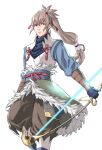  1boy bow_(weapon) brown_hair fire_emblem fire_emblem_if gloves long_hair minato_(robin) ponytail red_eyes solo takumi_(fire_emblem_if) weapon white_background 