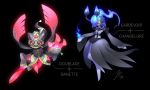  amber_eyes banette black_background blue_fire cat-meff chandelure character_fusion character_name dark_background doublade duo fire full_body gardevoir mega_form_(pok&eacute;mon) no_people pink_eyes png_conversion pokemon pokemon_species simple_background text 