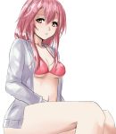  1girl absurdres bikini breasts chikkinage_nage cleavage guilty_crown hair_ornament hairclip highres jacket long_hair looking_at_viewer navel pink_hair red_eyes solo swimsuit twintails yuzuriha_inori 