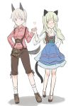  2girls :d amefre animal_ears blonde_hair blush breasts brown_pants brown_shoes cat_ears cat_tail cleavage dress_shirt eila_ilmatar_juutilainen fox_ears fox_tail full_body german_clothes glasses hand_on_hip heart highres holding_hands leg_up long_hair long_sleeves looking_at_another multiple_girls open_mouth pants perrine_h_clostermann plaid plaid_shirt shadow shirt shoes silver_hair simple_background smile socks standing strike_witches tail traditional_clothes violet_eyes white_background yellow_eyes 