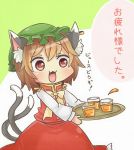  1girl :3 :d animal_ears brown_eyes brown_hair cat_ears cat_tail chen fang green_hat ibarashiro_natou jewelry long_sleeves mob_cap multiple_tails nekomata open_mouth short_hair single_earring smile solo tail touhou translation_request two_tails 