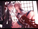    2girls all_fours amatsukaze_(kantai_collection) ass bare_shoulders black_panties blonde_hair blush dress elbow_gloves eye_contact fang gloves hand_on_another&#039;s_cheek hand_on_another&#039;s_face highres kantai_collection long_hair long_sleeves looking_at_another midriff miniskirt multiple_girls navel neckerchief open_clothes open_dress open_mouth panties pleated_skirt school_uniform serafuku shimakaze_(kantai_collection) shirt side-tie_panties silver_hair sitting skirt small_breasts smile striped striped_legwear thigh-highs two_side_up underwear very_long_hair waterdog white_gloves yellow_eyes yuri 