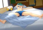  1girl barefoot bed blanket chair desk drooling hair_bobbles hair_ornament hat iromeki_overdrive kawashiro_nitori midriff navel office_chair open_mouth short_shorts shorts sleeping small_breasts solo stuffed_animal stuffed_penguin stuffed_toy tank_top touhou twintails window 