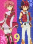  2boys 3:4_ratio 600x800_wallpaper ascot belt brown_footwear duo emperor&#039;s_key european_clothes fingerless_gloves gloves green_eyes grin iii_(yu-gi-oh!_zexal) key looking_at_viewer male medium_hair multicolored_hair multiple_boys number open_mouth pants pink_hair pixiv_id_181399 red_eyes smile spiky_hair star_(symbol) striped teeth text traditional_clothes tron_family tsukumo_yuma vest wallpaper white_pants yu-gi-oh! yu-gi-oh!_zexal 