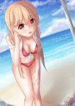  1girl beach bikini blonde_hair breasts brown_eyes clouds collarbone crab doma_umaru front-tie_top highres himouto!_umaru-chan large_breasts leaning_forward looking_at_viewer open_mouth outdoors red_bikini sand shiori@man&#039;neri sky solo swimsuit water wet wet_clothes 